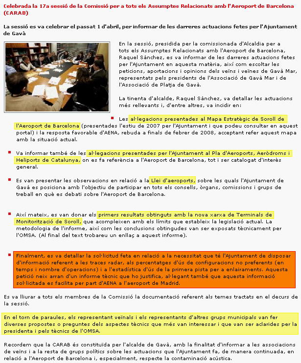 Información publicada en la web de la OMSA del Ayuntamiento de Gavà sobre la CARAB celebrada el pasado 1 de Abril de 2008
